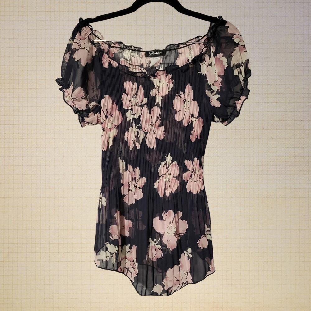 Y2K Cottagecore Sheer Chiffon Floral Puff Sleeve Blouse Goddess L Large Size 8